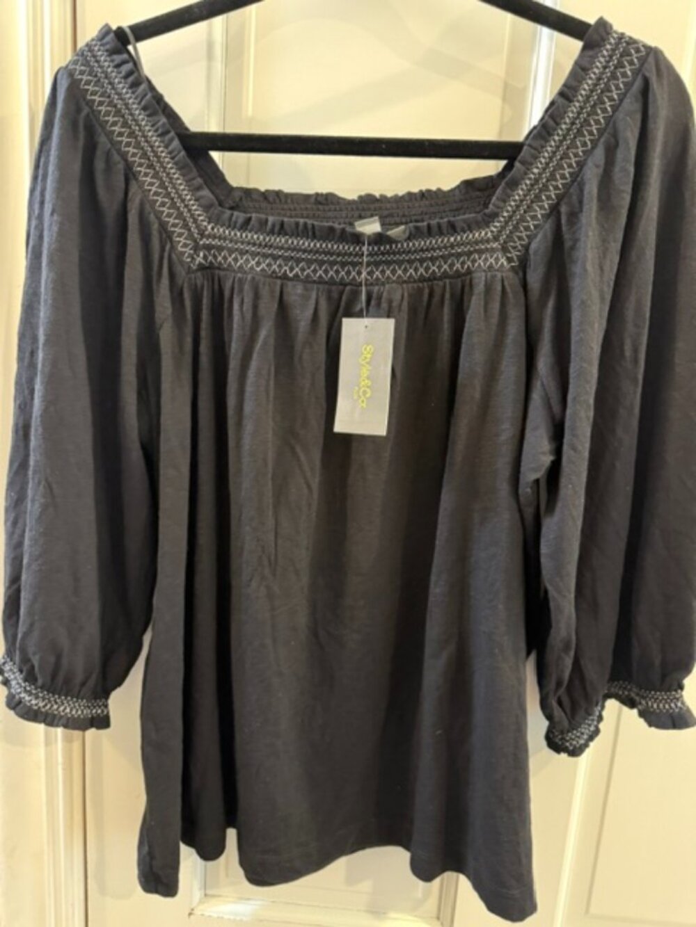 Style & Co Peasant Blouse NWT Black Square Neck
